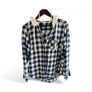 Time & Tru Woman’s Blue & White Hooded Button Down Flannel Small